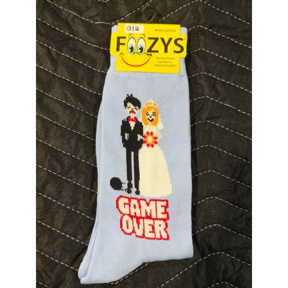 Foozys Game Over Wedding Socks Mens 10-13‎ Light Blue NWT Novelty Humor FM-62